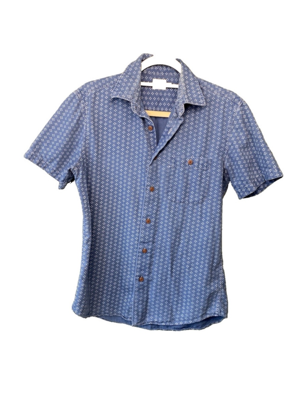 Faherty Shirt Mens Small Blue Geometric Short Sleeve 100% Organic Cotton Camp